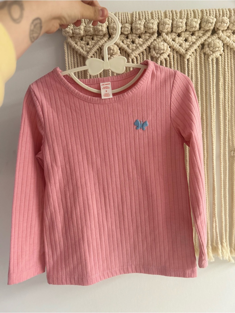 Joe Fresh Pink Ribbed Long-Sleeve Top with Blue Butterfly